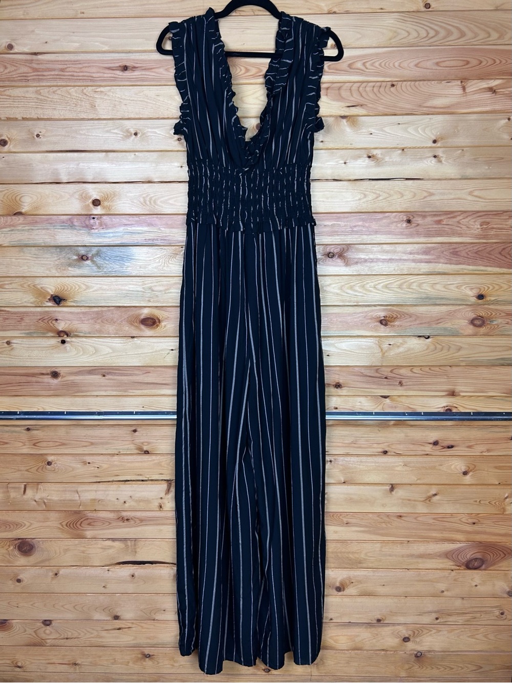 Blue Rain Black Jumpsuit with Cream Pinstripes